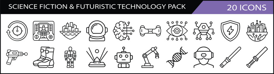 Set of 20 Science Fiction and Futuristic Icons - A high-tech collection of 20 futuristic technology and science fiction icons, showcasing robots, spaceships, AI, VR, and sci-fi elements.