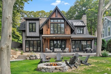 Rustic Wooden Lake House With Fire Pit And Adirondack Chairs