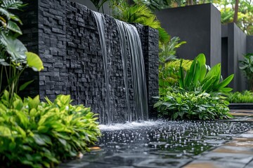 Modern stone waterfall feature in lush garden.