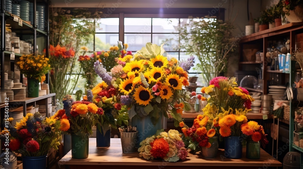 Poster vibrant floral display featuring an array of colorful sunflowers roses and orchids in a sunlit flowe