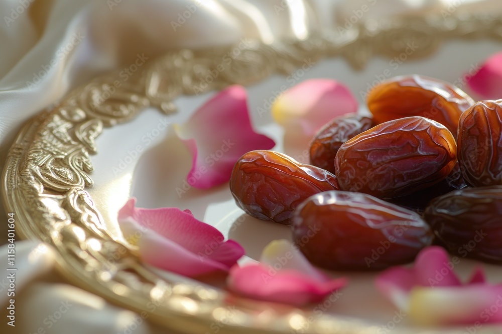Poster close-up of dates on an ornate plate with rose petals.