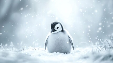 Fototapeta premium A solitary penguin stands in a snowy landscape, surrounded by falling snowflakes.