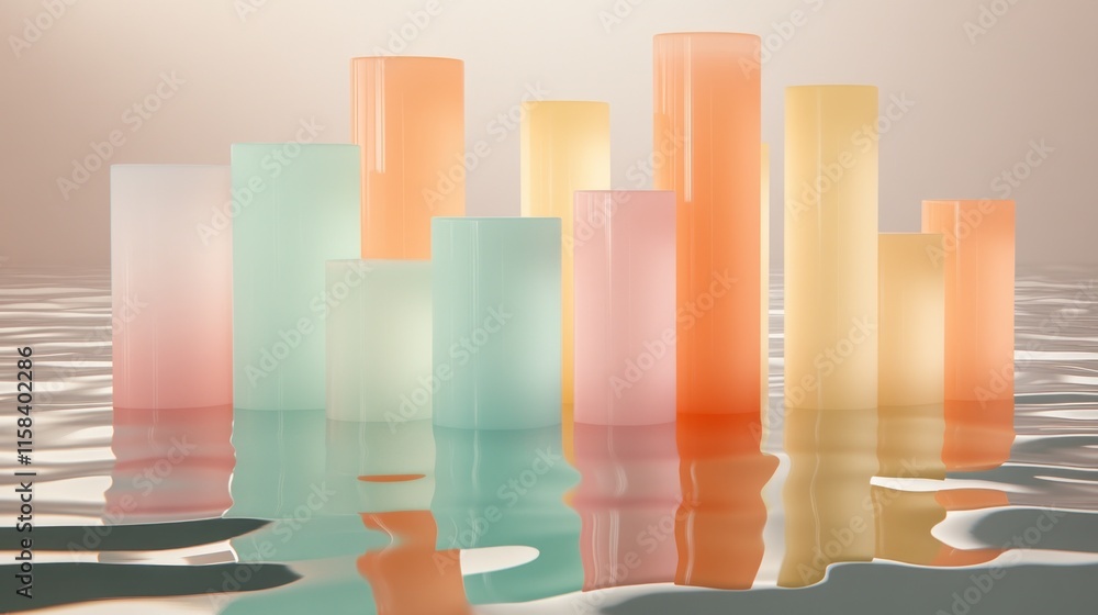 Poster pastel-colored cylinders reflecting in calm water, creating an abstract cityscape.