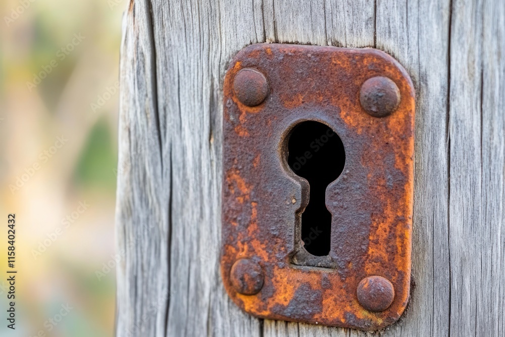 Aufkleber Close-up of a rusty keyhole on weathered wood.