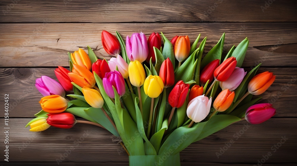 Poster a vibrant bouquet of multicolored tulips resting on a rustic wooden table with natural lighting crea