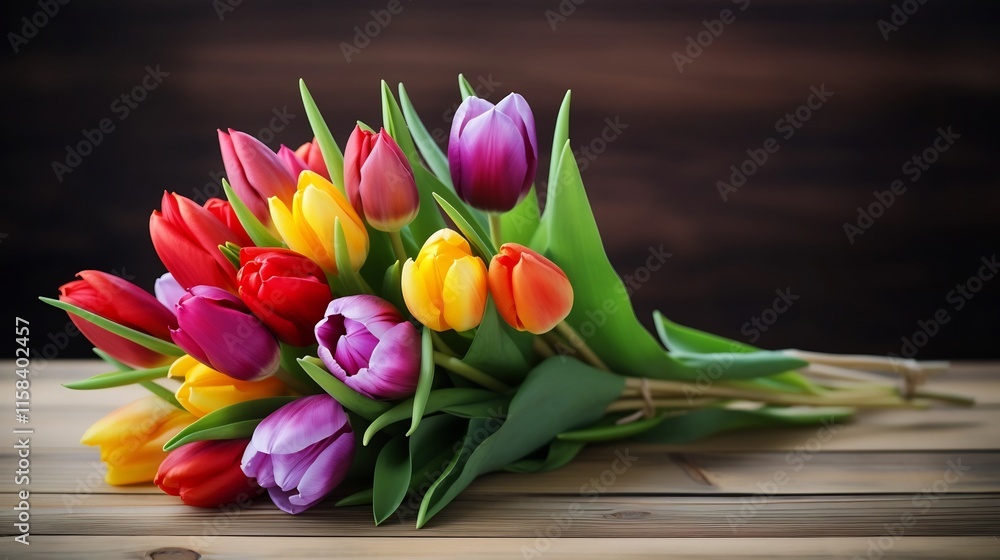 Poster a vibrant and colorful bouquet of multicolored tulips resting on a rustic wooden table with natural 