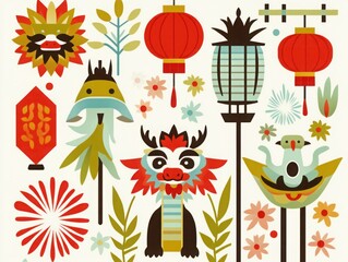 Naklejka premium Colorful and Playful Festival Decorations Featuring Dragon, Lanterns, Floral Motifs, and Unique Characters for Celebratory Events or Cultural Themes