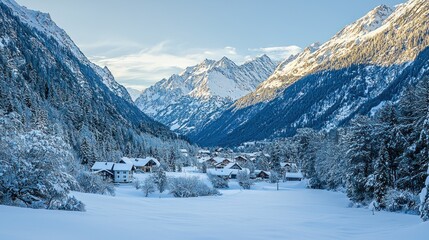 Fototapeta premium Serene winter landscape with snow-covered mountains and a quaint village nestled in the valley.