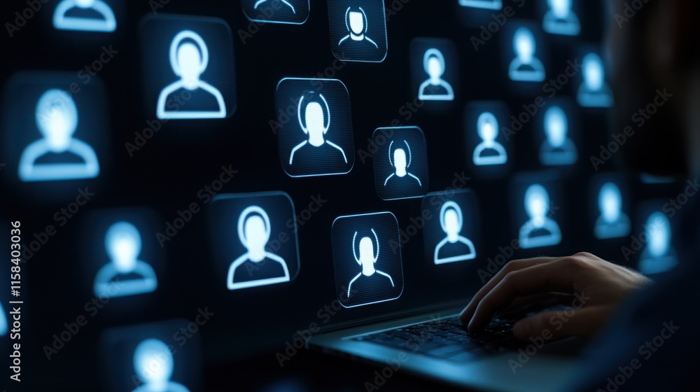 Poster dark background with glowing icons of people and a person typing on a laptop, representing digital i