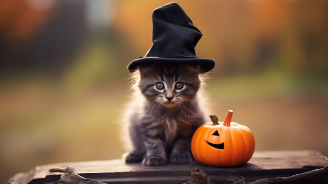 Adorable and curious kitten wearing a playful witch hat sitting comfortably on an orange pumpkin during the festive Halloween season