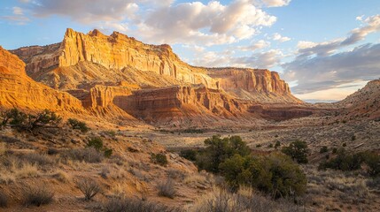 A stunning landscape showcasing rugged cliffs and a serene valley under a colorful sky.