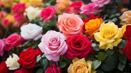 Obraz premium A lush thriving garden bursting with a variety of colorful roses in shades of red pink yellow and white creating a beautiful and fragrant floral display