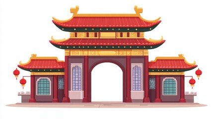 Colorful Traditional Asian Archway Design Featuring Red Roof, Lanterns, and Ornate Details, Perfect for Celebrating Culture and Heritage in Illustrations or Projects