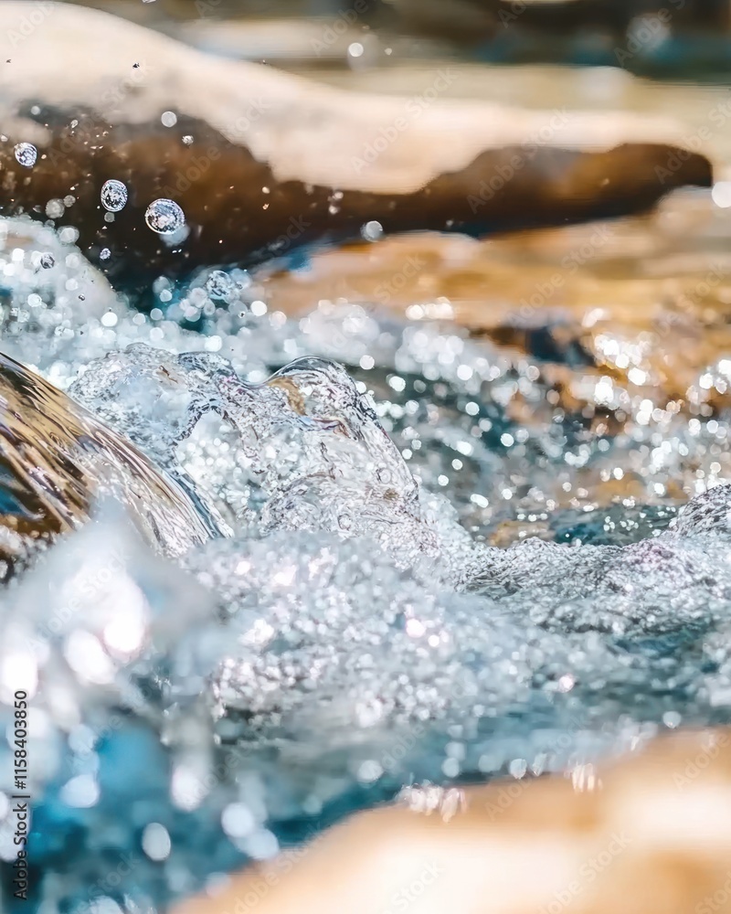 Poster close-up of cascading water over rocks, showcasing texture and movement.