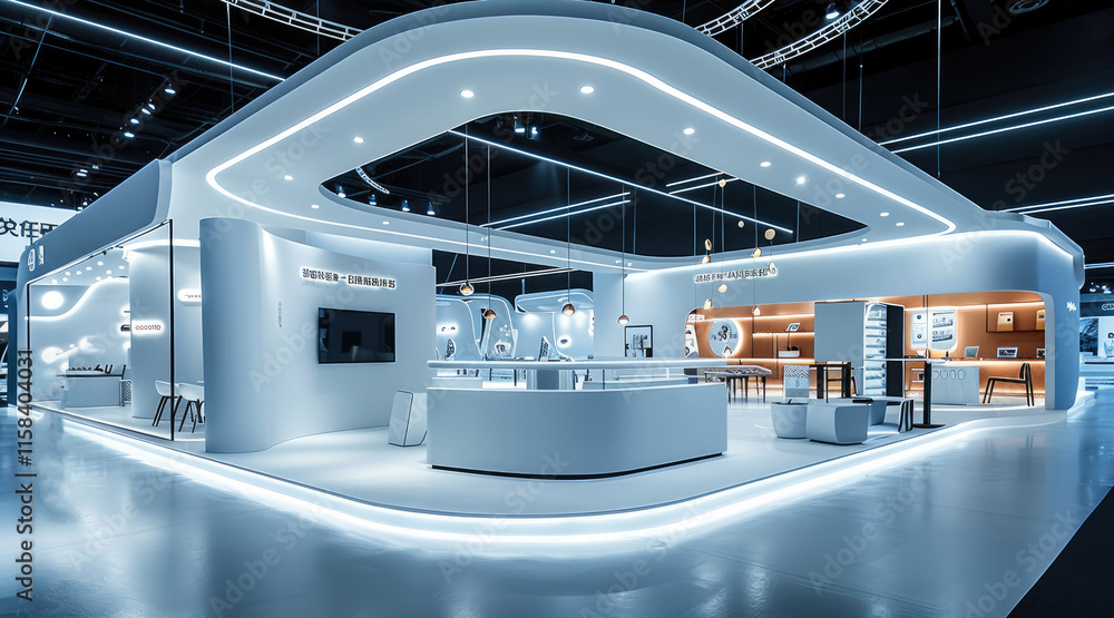Aufkleber futuristic exhibition booth design, modern technology theme, white lighting, circular ceiling light 