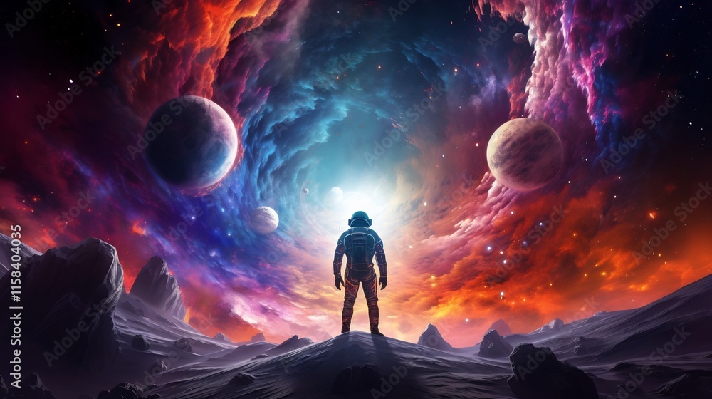 Poster lone astronaut standing on the surface of a captivating alien planet surrounded by swirling luminesc