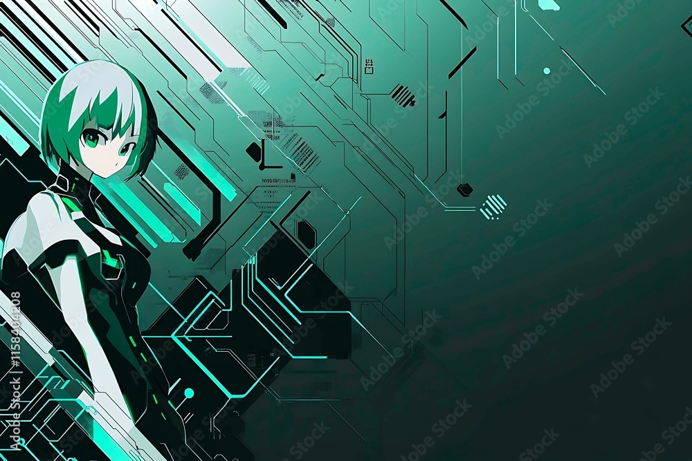 Poster this vector illustration features a gradient green-black circuit board background, highlighted by an
