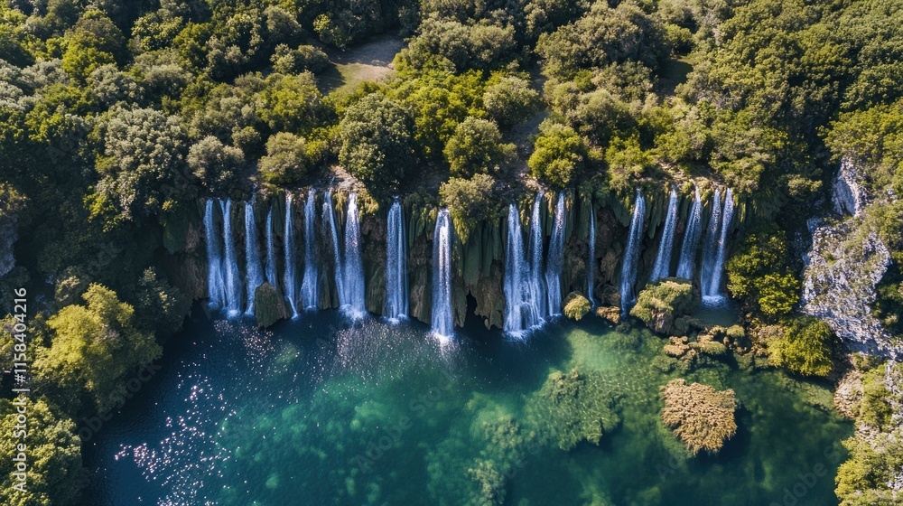 Poster aerial view of cascading waterfalls flowing into a serene turquoise pool surrounded by lush green fo