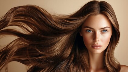 Fototapeta premium Woman with long, flowing brown hair and blue eyes.