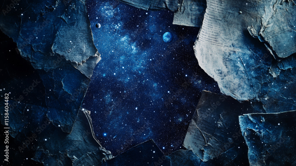 Poster abstract image of a open book in the form of a starry sky or space, consisting of points, lines, and