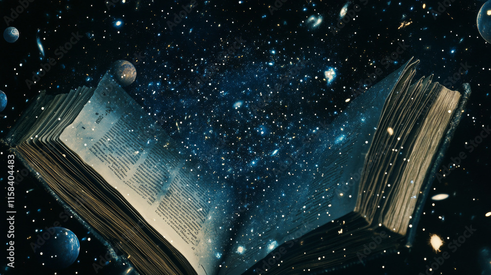 Poster abstract image of a open book in the form of a starry sky or space, consisting of points, lines, and