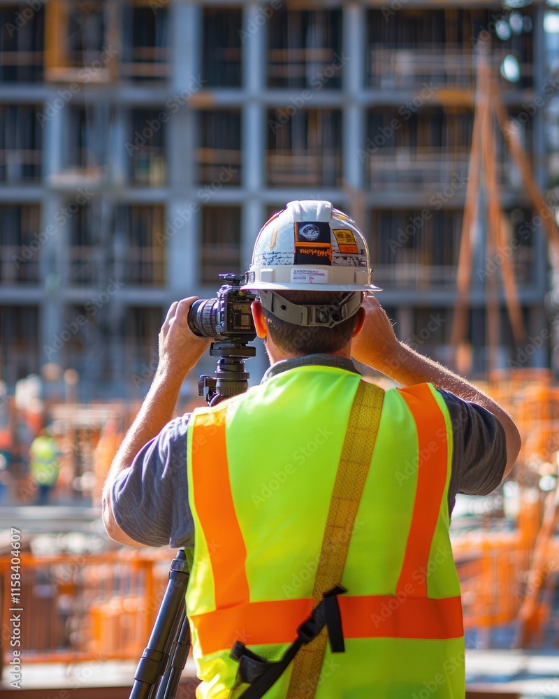 Aufkleber construction worker using camera at a building site.