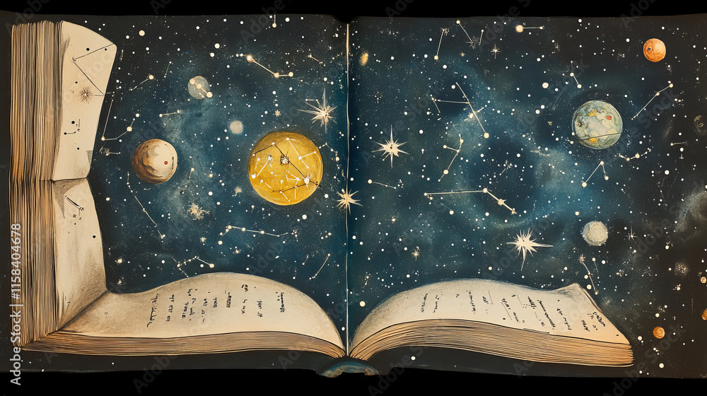 Poster abstract image of a open book in the form of a starry sky or space, consisting of points, lines, and