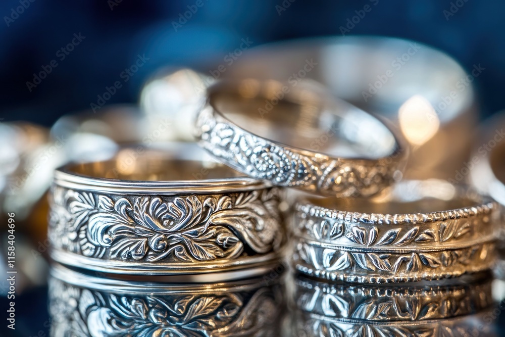 Poster close-up of intricately designed silver rings stacked on a reflective surface.