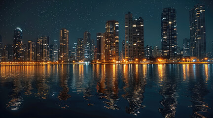 City buildings skyscrapers at night waterfront.