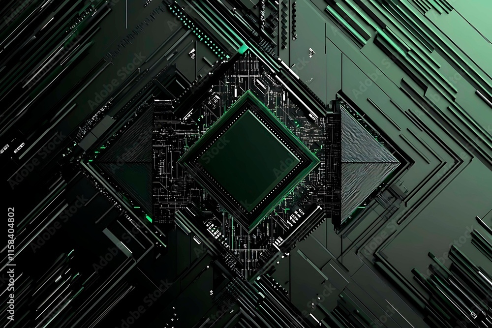 Poster this vector illustration features a gradient green-black circuit board background, highlighted by an