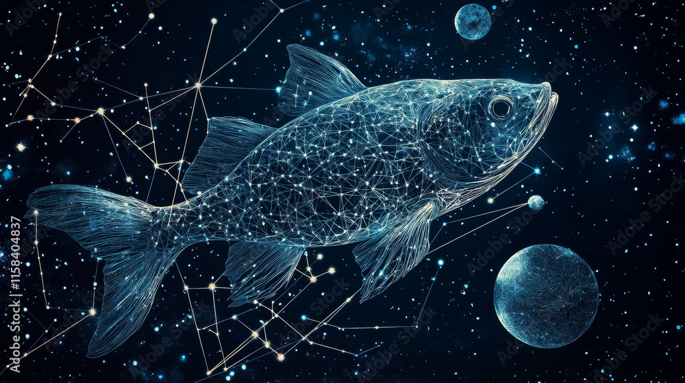 Poster abstract image of a fish in the form of a starry sky or space, consisting of points, lines, and shap