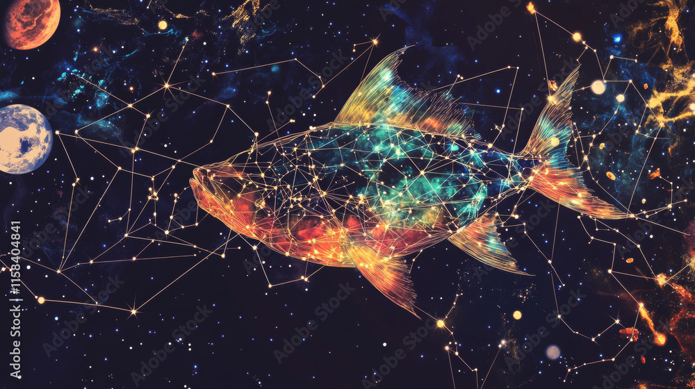 Poster abstract image of a fish in the form of a starry sky or space, consisting of points, lines, and shap