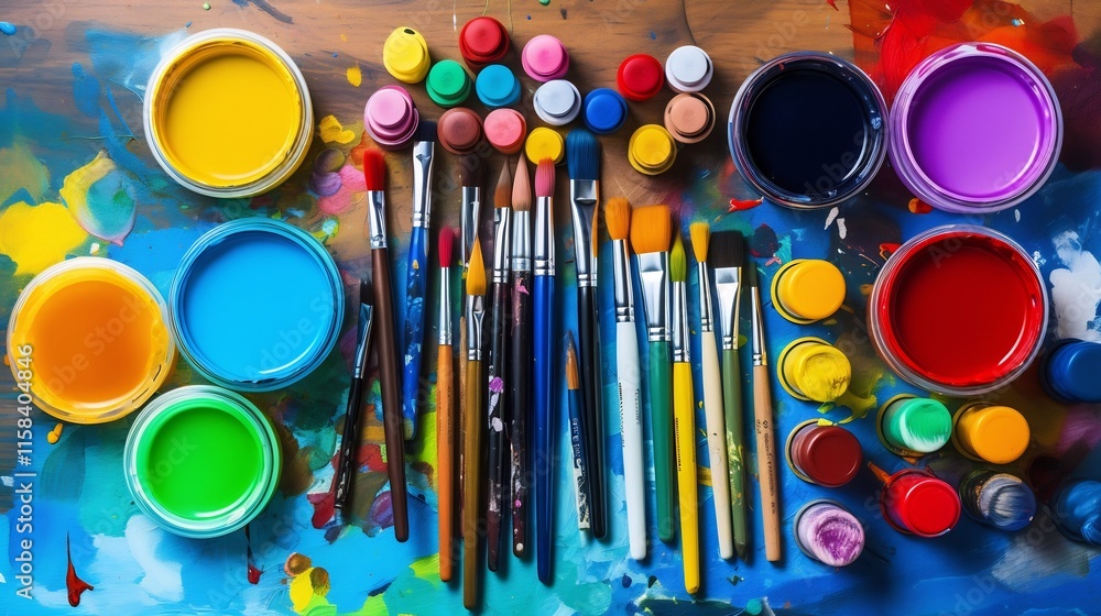 Poster neatly arranged assortment of colorful acrylic paints canvases and markers showcasing a creative art