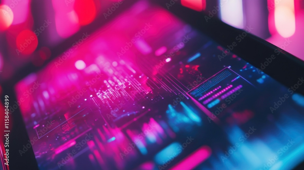 Poster Close-up of tablet displaying vibrant digital data and graphs with neon pink and blue lighting.