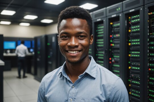 Close portrait of a smiling young Beninese male IT worker looking at the camera, against dark server room blurred background.