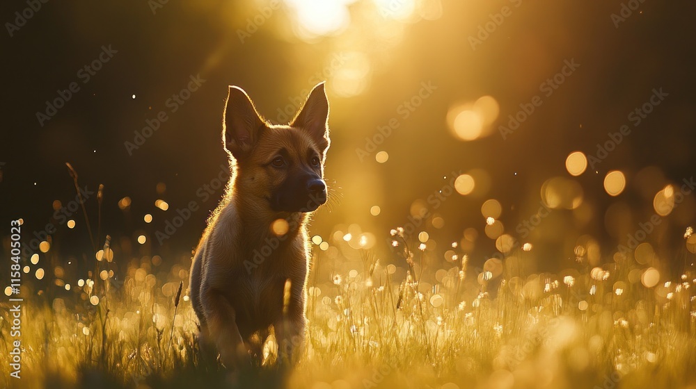 Poster golden hour puppy in a field of grass.