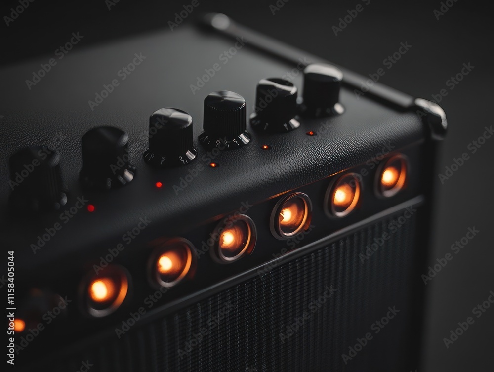 Aufkleber close-up of a black guitar amplifier with illuminated knobs and lights.