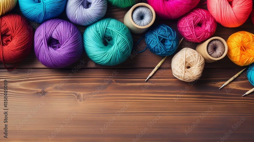 Poster overhead view of a vibrant collection of colorful yarn skeins knitting needles and crochet hooks arr