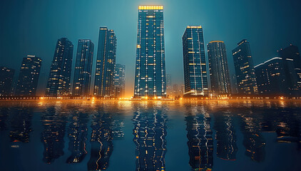 City buildings skyscrapers at night waterfront.