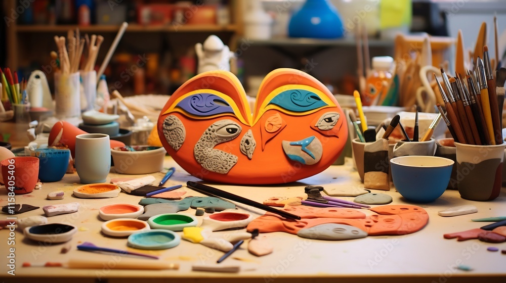 Poster a vibrant diy clay modeling kit with an array of bright colorful clay and various shaping tools spre