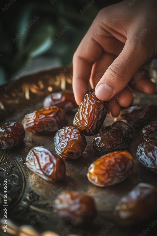 Poster hand picking a date fruit from a brass tray filled with dates.