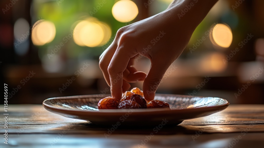 Poster Close-up of a hand reaching for dates on a plate.
