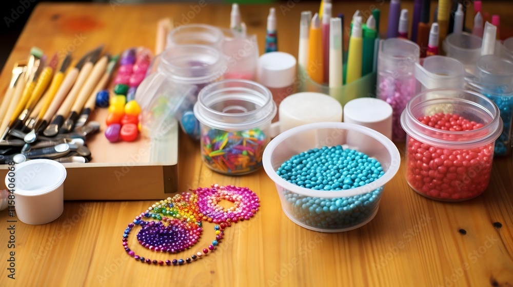 Poster spread out on a wooden table a vibrant diy craft kit featuring an array of colorful beads paints and