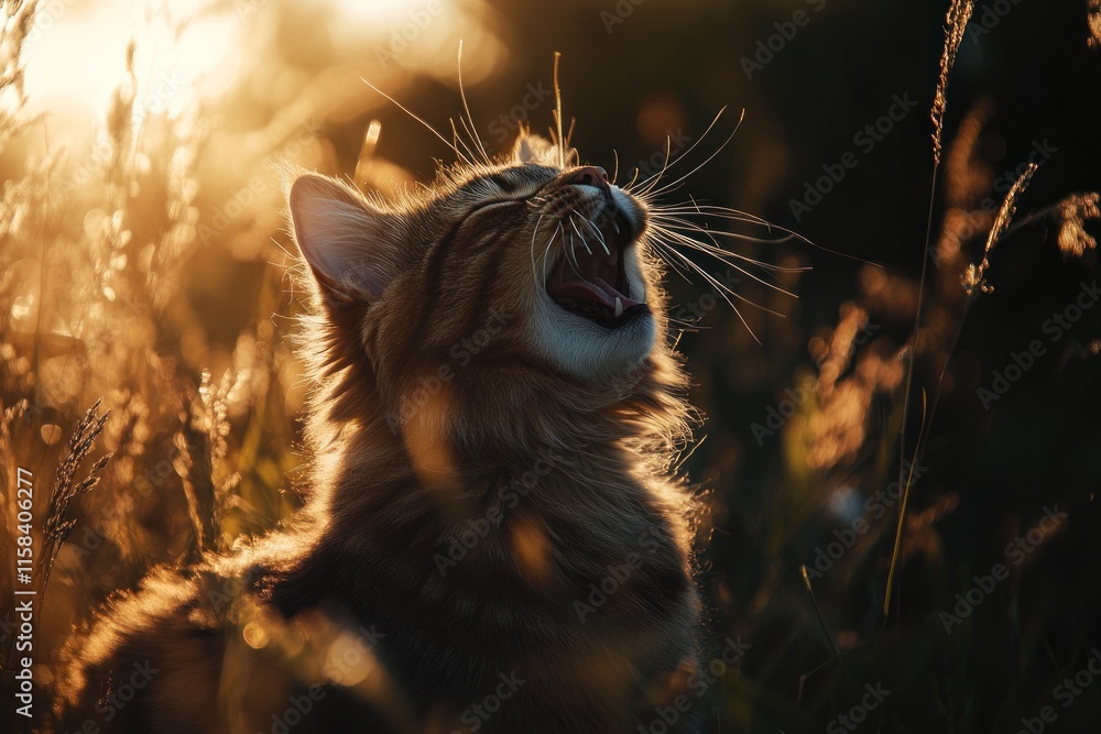 Poster a tabby cat with its mouth open, backlit by the setting sun in tall grass.