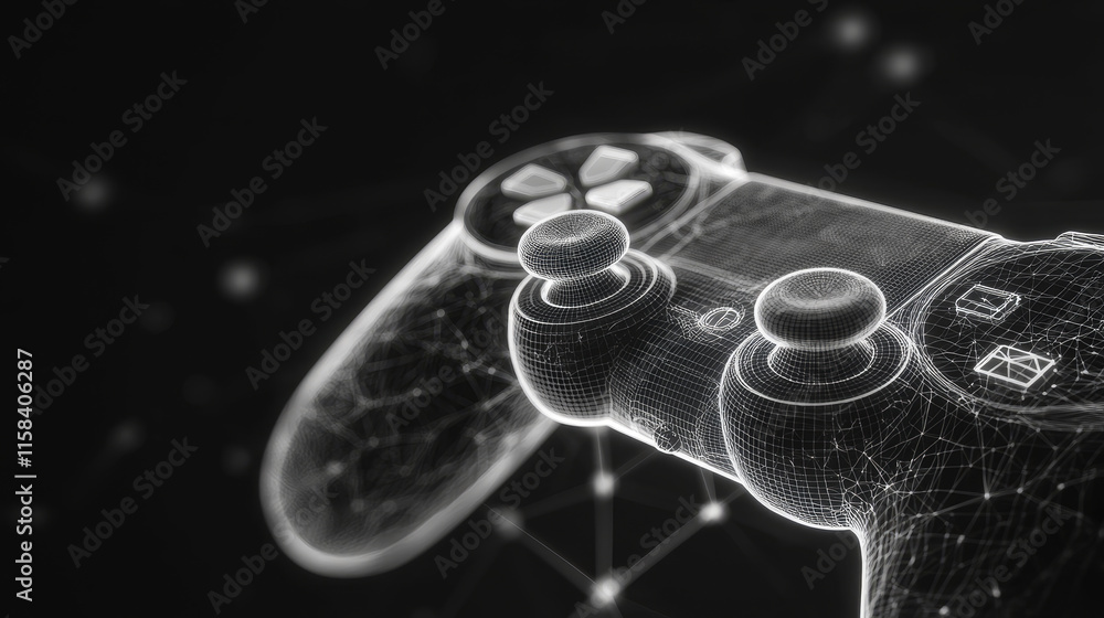 Poster abstract vector image of joystick for video games. low poly wire frame illustration. lines and dots.