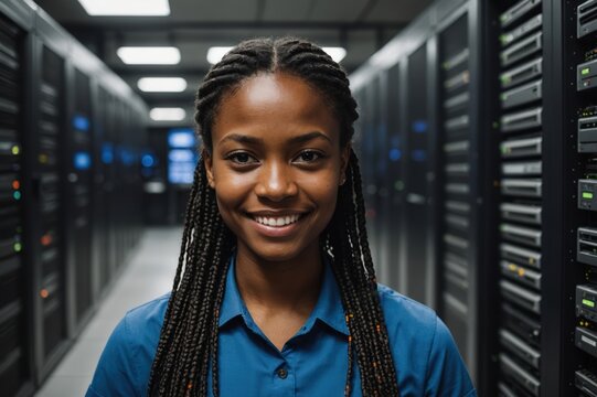 Close portrait of a smiling young Botswanan female IT worker looking at the camera, against dark server room blurred background.
