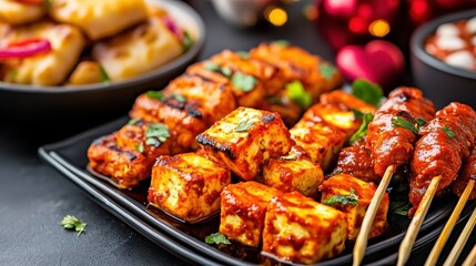 Grilled Paneer Skewers with Spicy Sauce and Colorful Sides