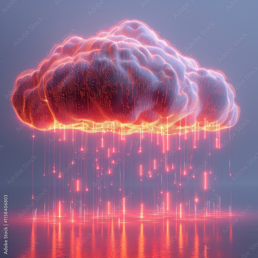 Leinwandbilder 3d render of a cloud with rain, made from glowing data cables on a white background. the design is m