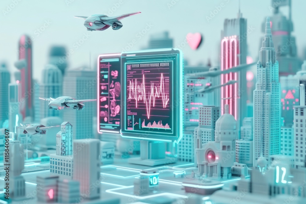 Aufkleber futuristic city skyline with digital display showing data and flying vehicles.