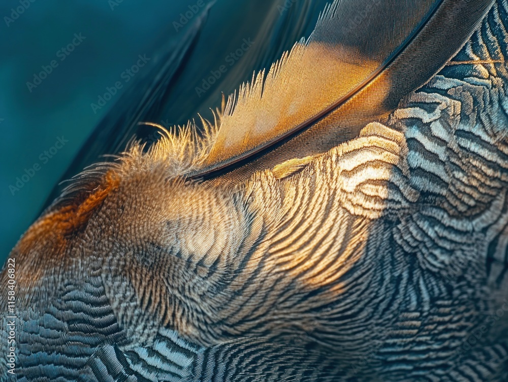Poster Close-up of bird feathers, detailed texture and sunlight highlighting the patterns.